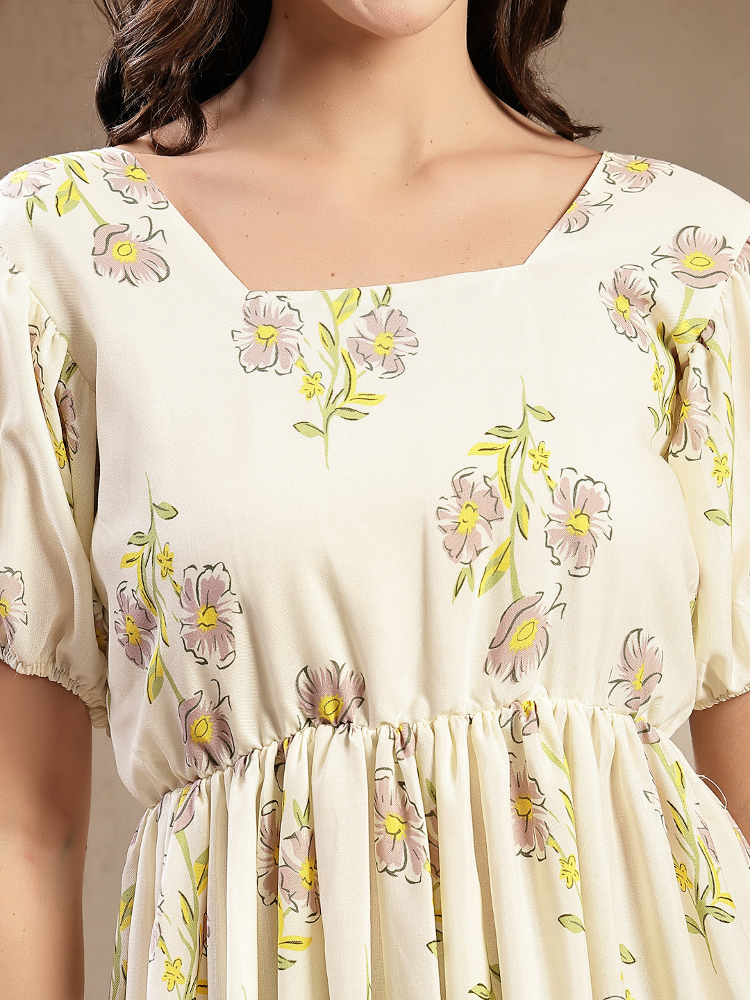 Green Floral Printed Rayon Tiered Dress