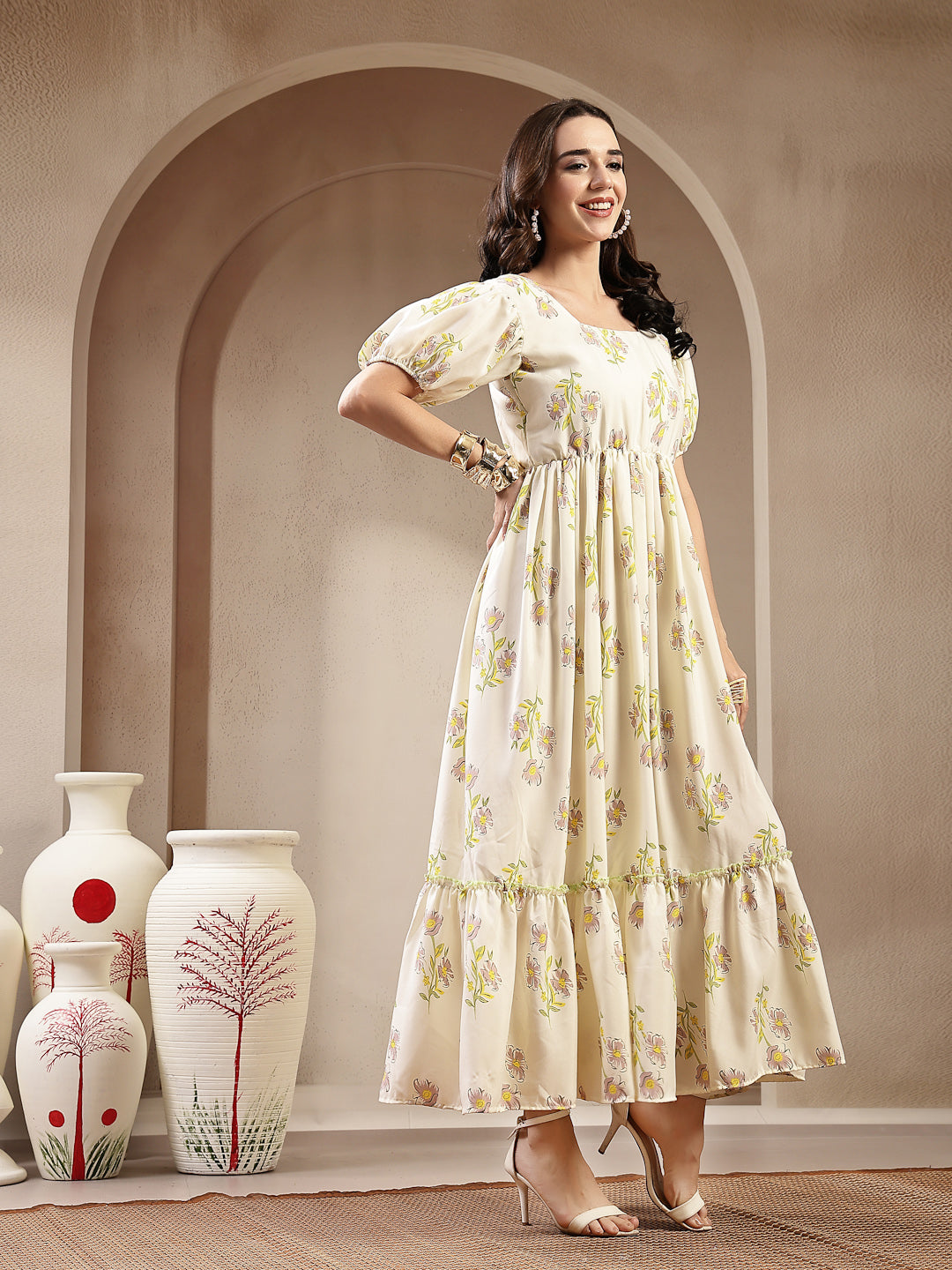 Green Floral Printed Rayon Tiered Dress (Pre-Order)