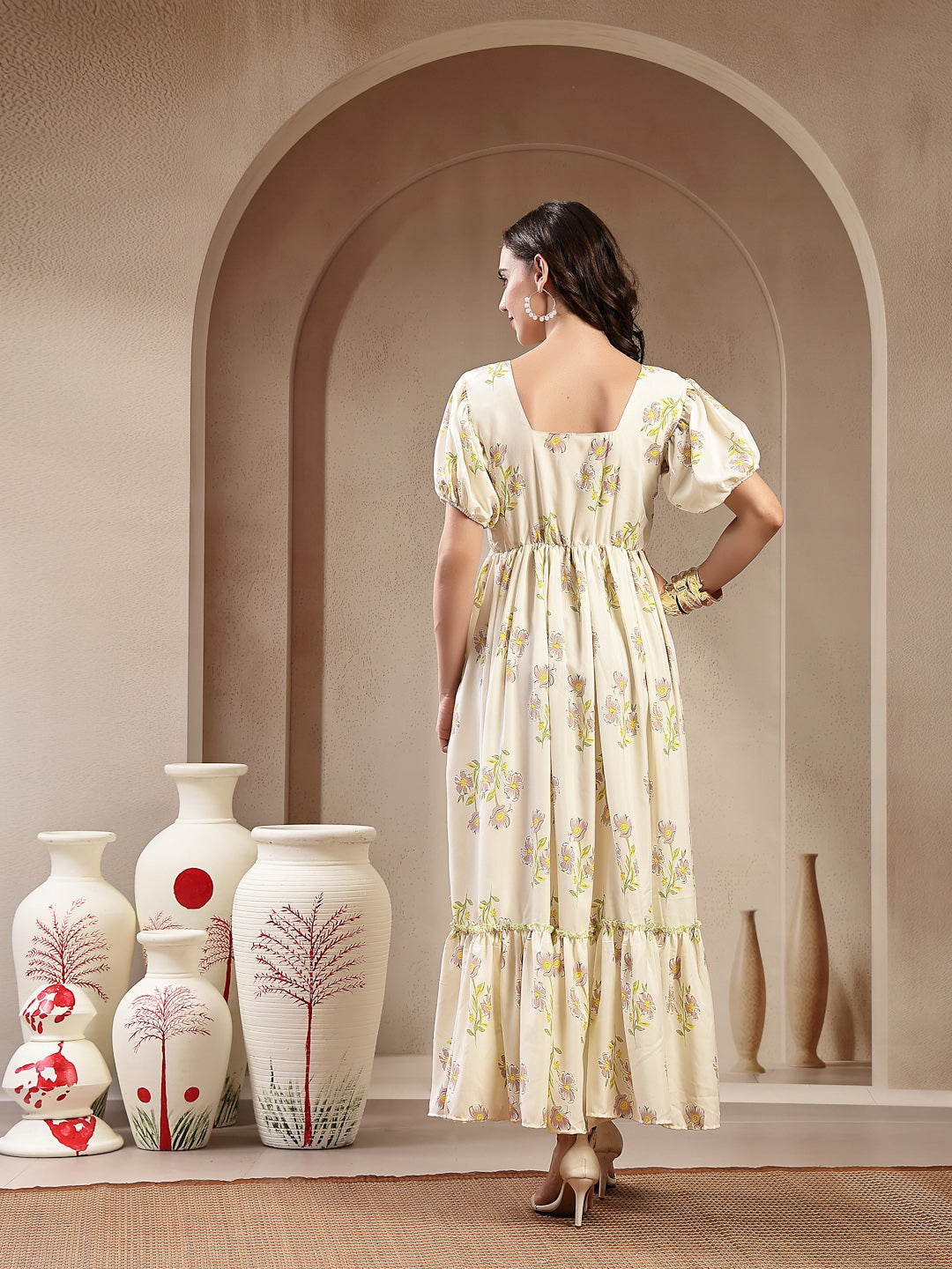 Green Floral Printed Rayon Tiered Dress (Pre-Order)