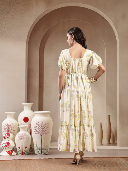 Green Floral Printed Rayon Tiered Dress (Pre-Order)