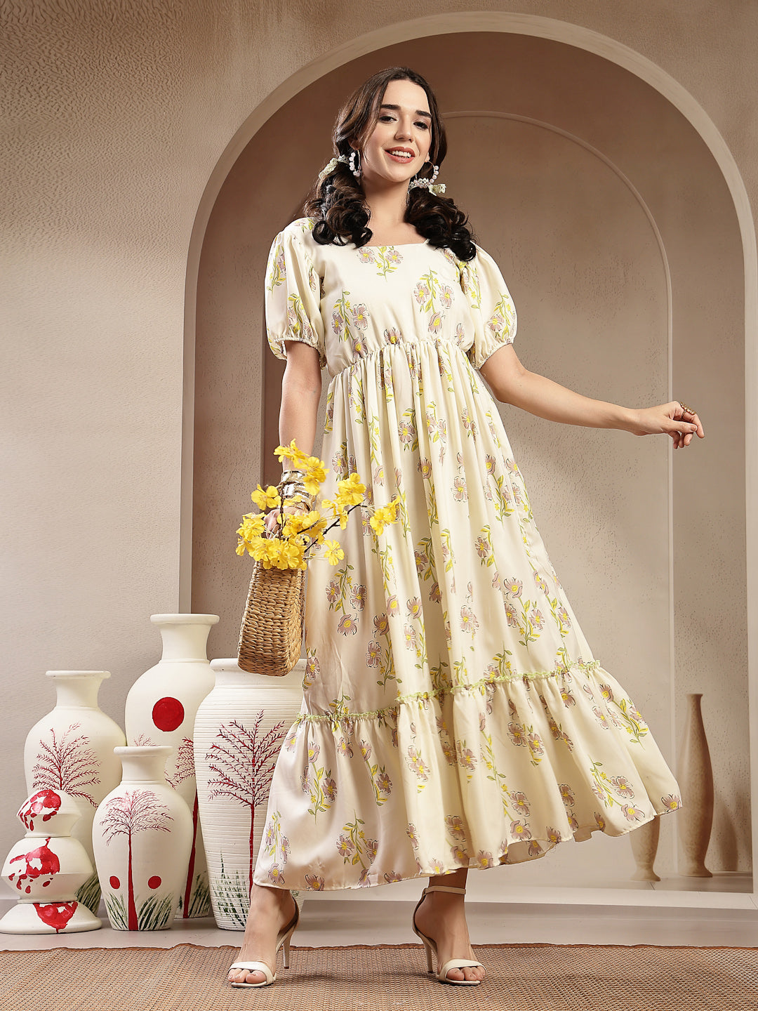 Green Floral Printed Rayon Tiered Dress (Pre-Order)