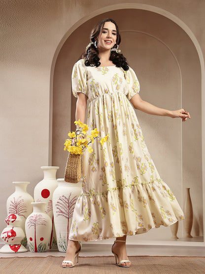 Green Floral Printed Rayon Tiered Dress (Pre-Order)