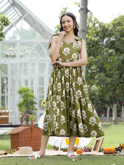 Olive Green Floral Printed Cotton A-Line Dress (Pre-Order)