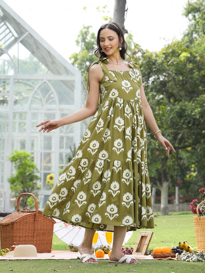 Olive Green Floral Printed Cotton A-Line Dress (Pre-Order)