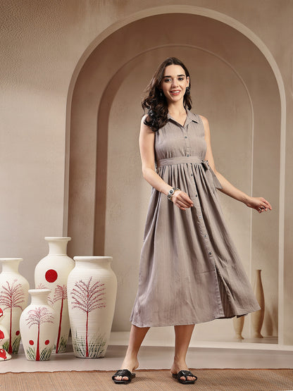 Grey Self Design Crepe Pleated Dress (Pre-Order)
