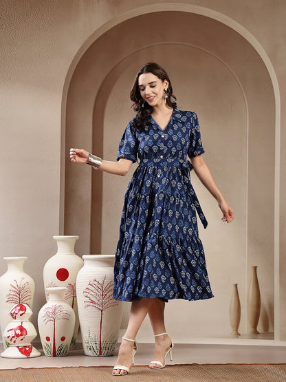 Indigo Ethnic Motif Printed Cotton Tiered Dress