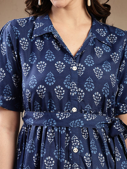 Indigo Ethnic Motif Printed Cotton Tiered Dress