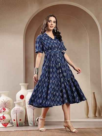 Indigo Ethnic Motif Printed Cotton Tiered Dress