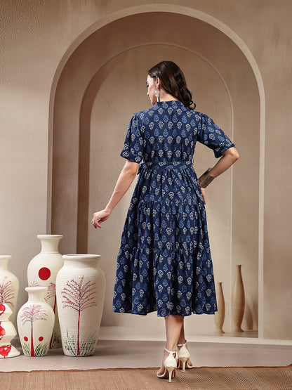 Indigo Ethnic Motif Printed Cotton Tiered Dress