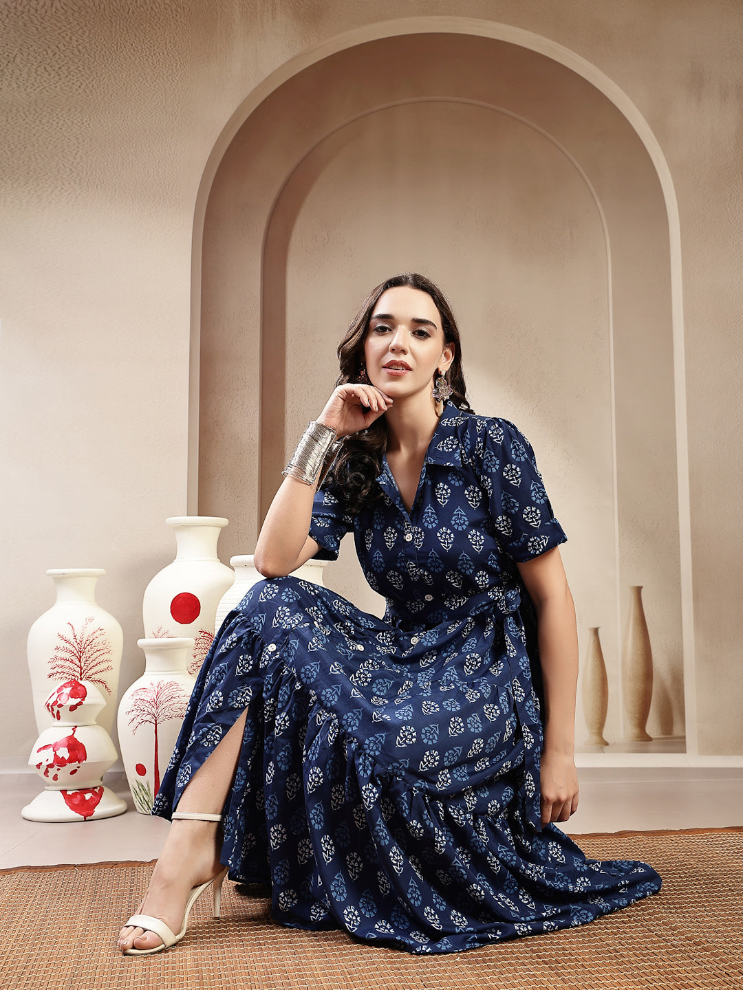 Indigo Ethnic Motif Printed Cotton Tiered Dress
