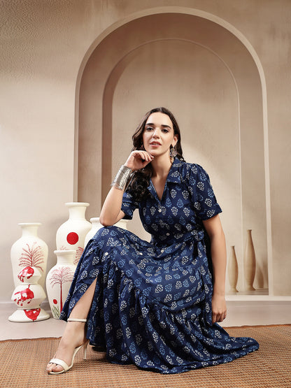 Indigo Ethnic Motif Printed Cotton Tiered Dress