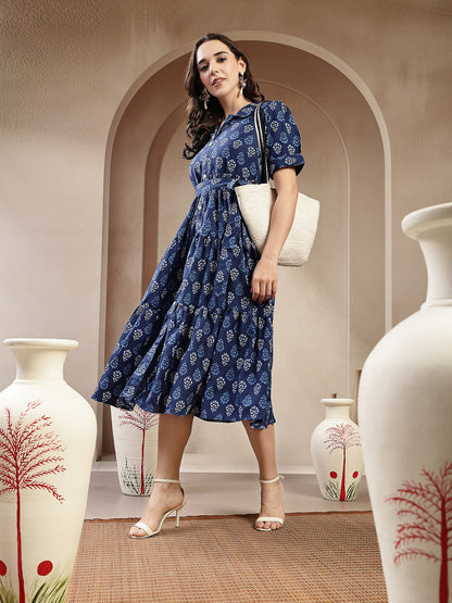 Indigo Ethnic Motif Printed Cotton Tiered Dress