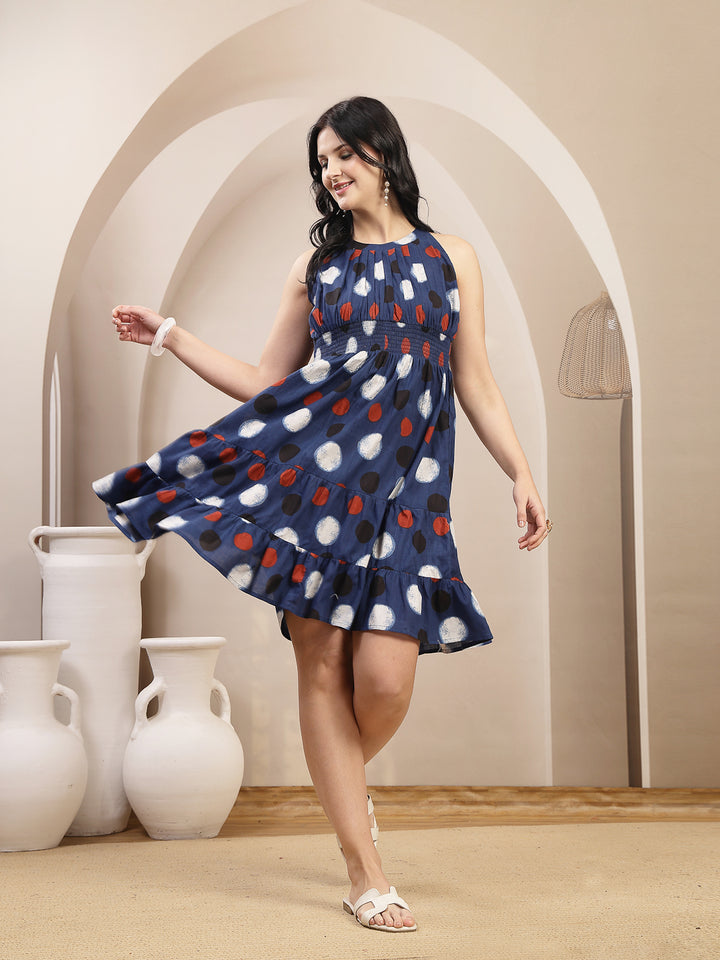 Polka Dots Printed Cotton Tiered Dress