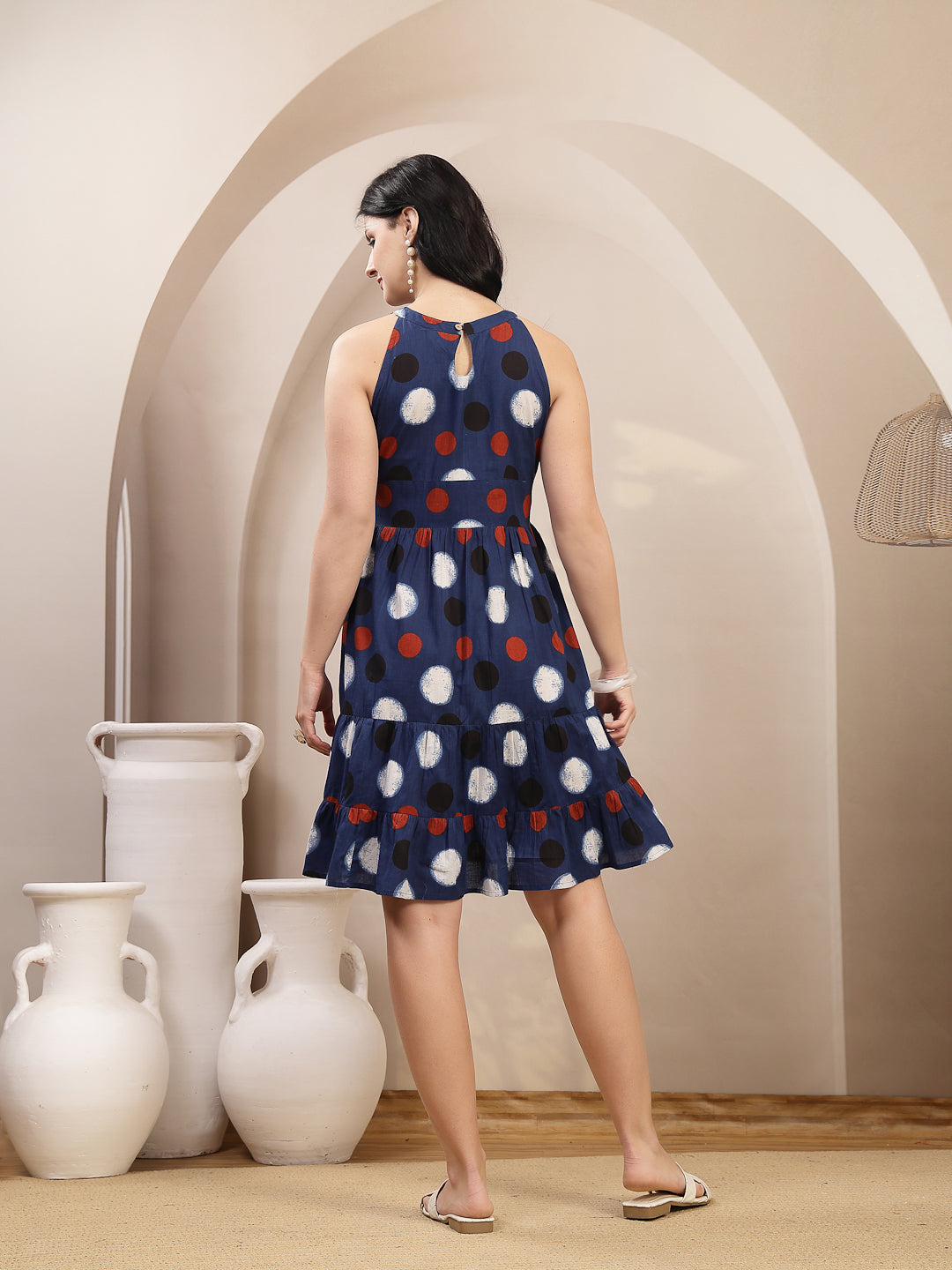 Polka Dots Printed Cotton Tiered Dress