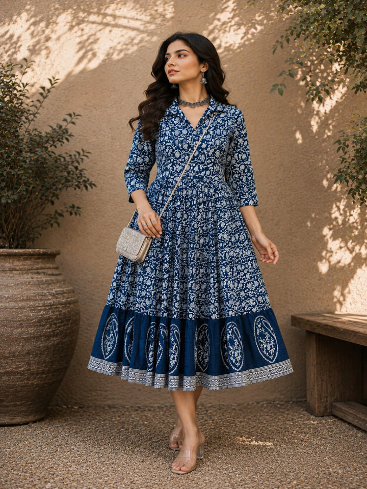 Dabu Printed Cotton Flared Dress