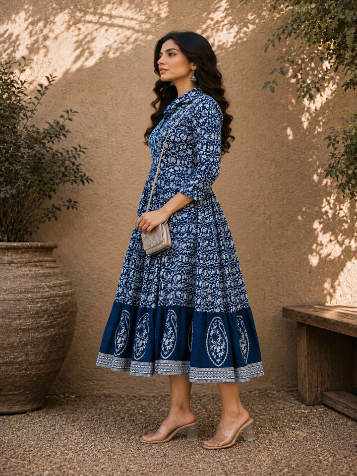 Dabu Printed Cotton Flared Dress