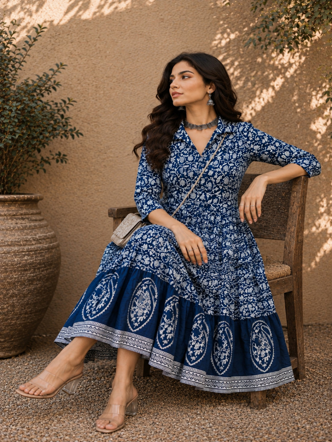 Dabu Printed Cotton Flared Dress