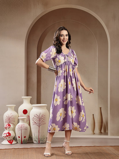 Lavender Floral Printed Rayon Flared Dress