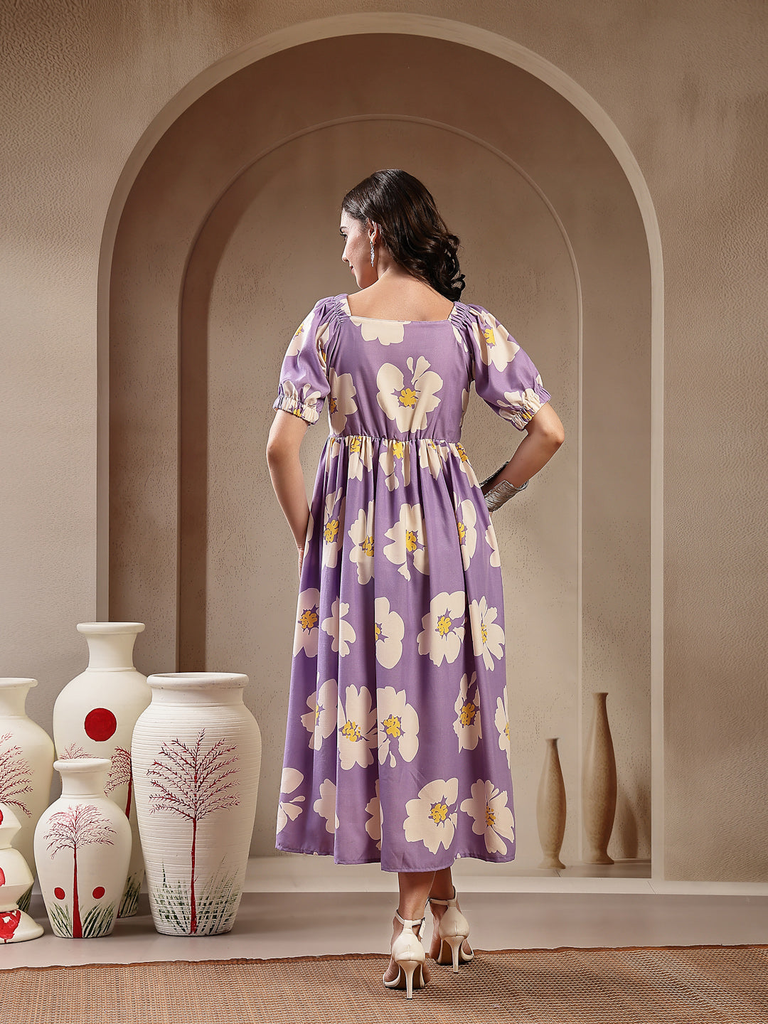 Lavender Floral Printed Rayon Flared Dress