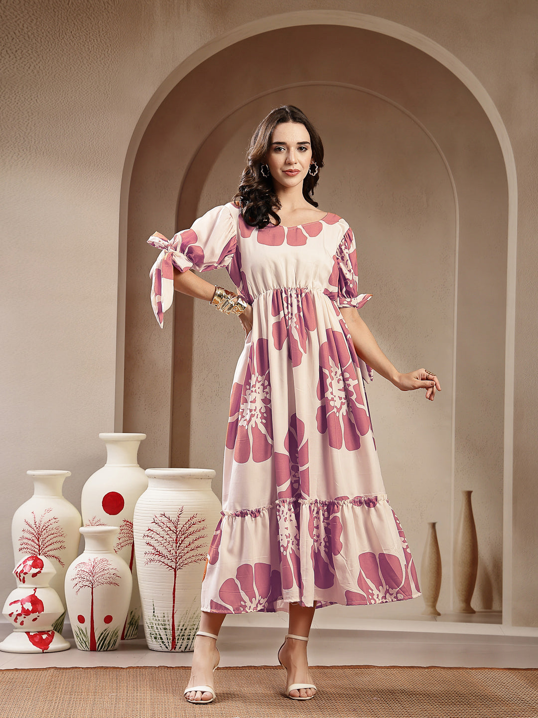 Lavender Floral Printed Rayon Tiered Dress