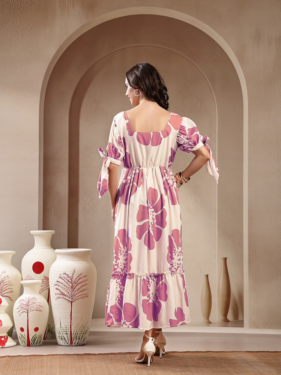 Lavender Floral Printed Rayon Tiered Dress