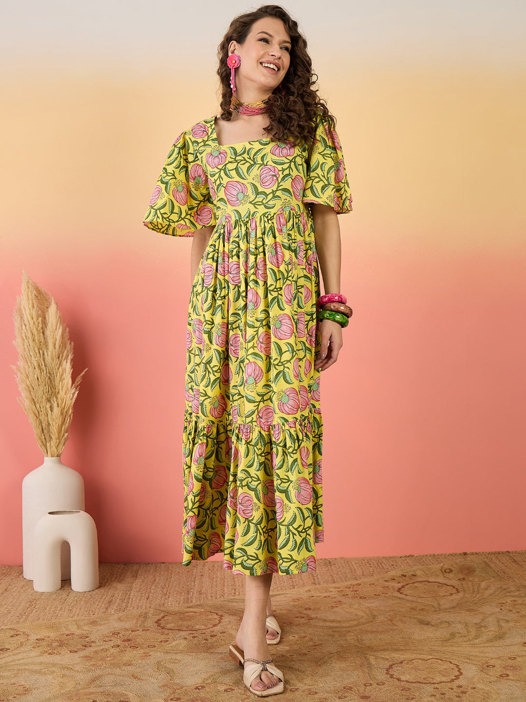 Floral Printed Cotton Tiered Dress
