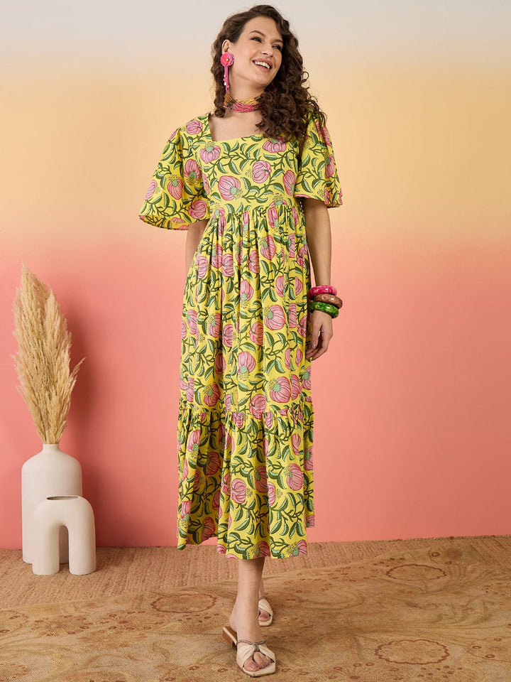 Floral Printed Cotton Tiered Dress