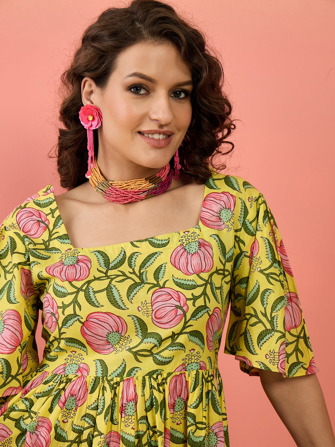 Floral Printed Cotton Tiered Dress