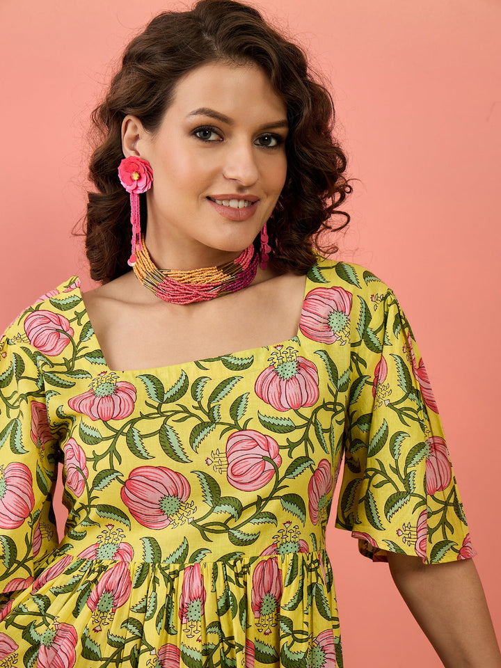 Floral Printed Cotton Tiered Dress