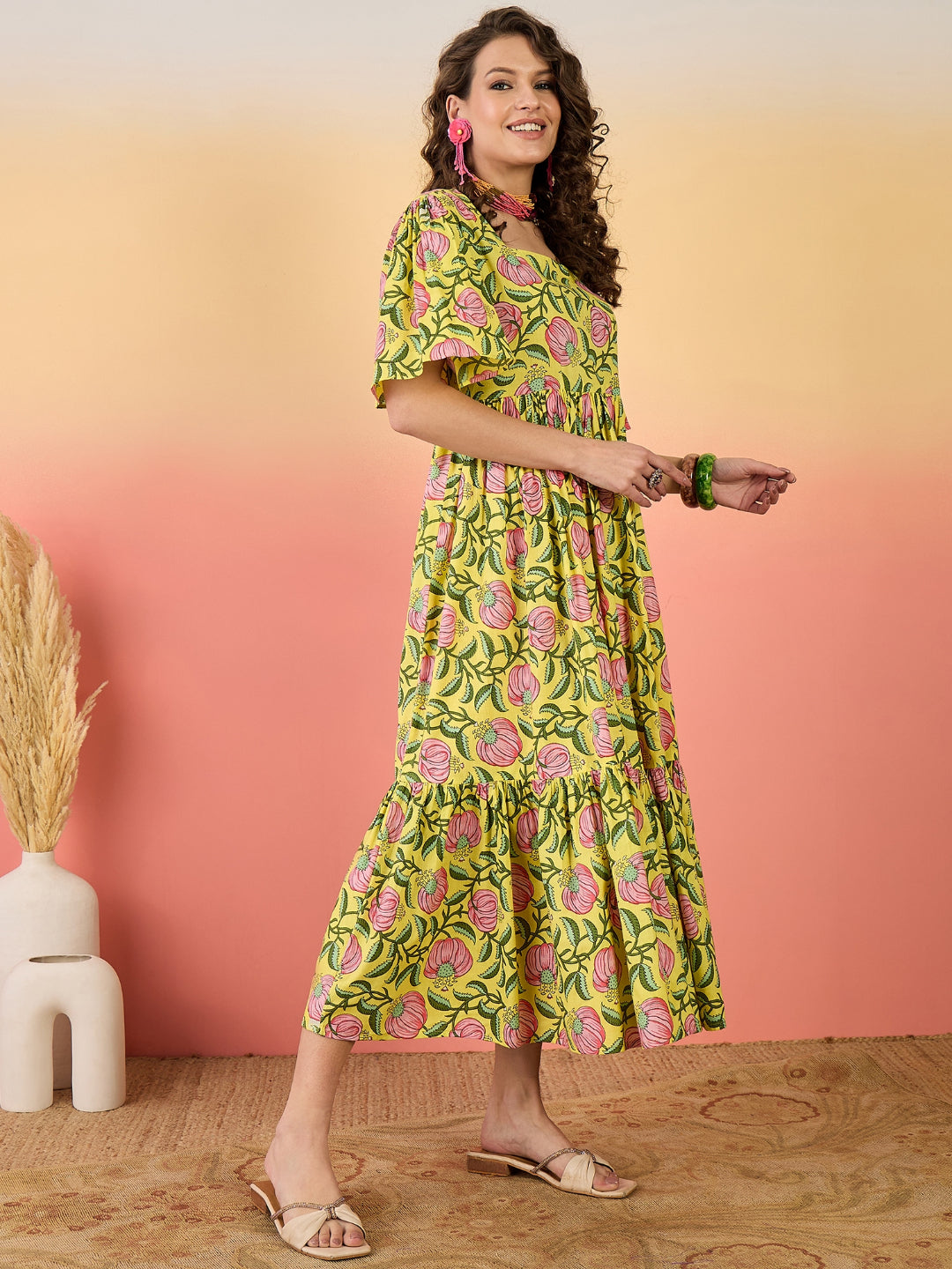 Floral Printed Cotton Tiered Dress