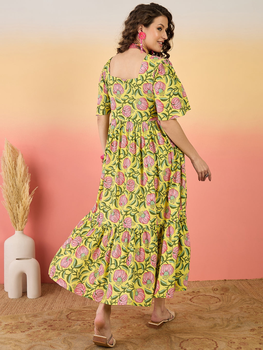 Floral Printed Cotton Tiered Dress