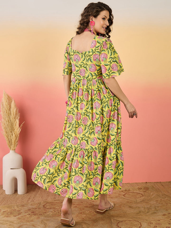 Floral Printed Cotton Tiered Dress