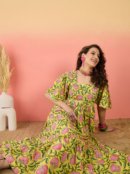 Floral Printed Cotton Tiered Dress