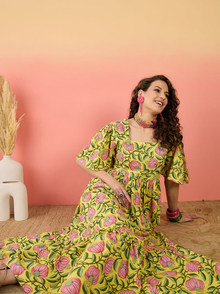 Floral Printed Cotton Tiered Dress
