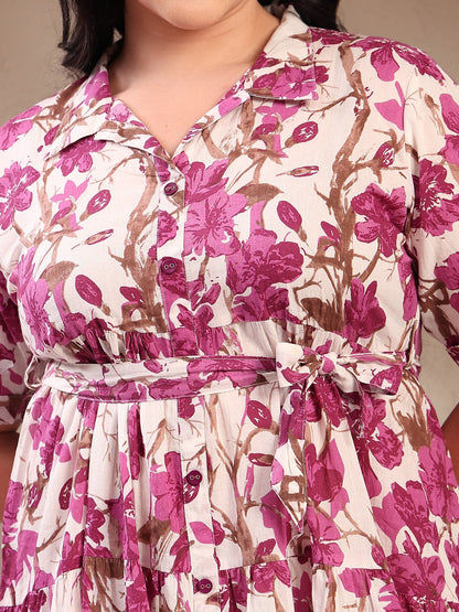 Plus Size Magenta Floral Printed Cotton Flared Dress
