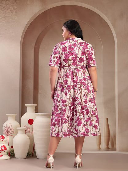 Plus Size Magenta Floral Printed Cotton Flared Dress