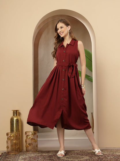 Maroon Self Design Crepe Pleated Dress