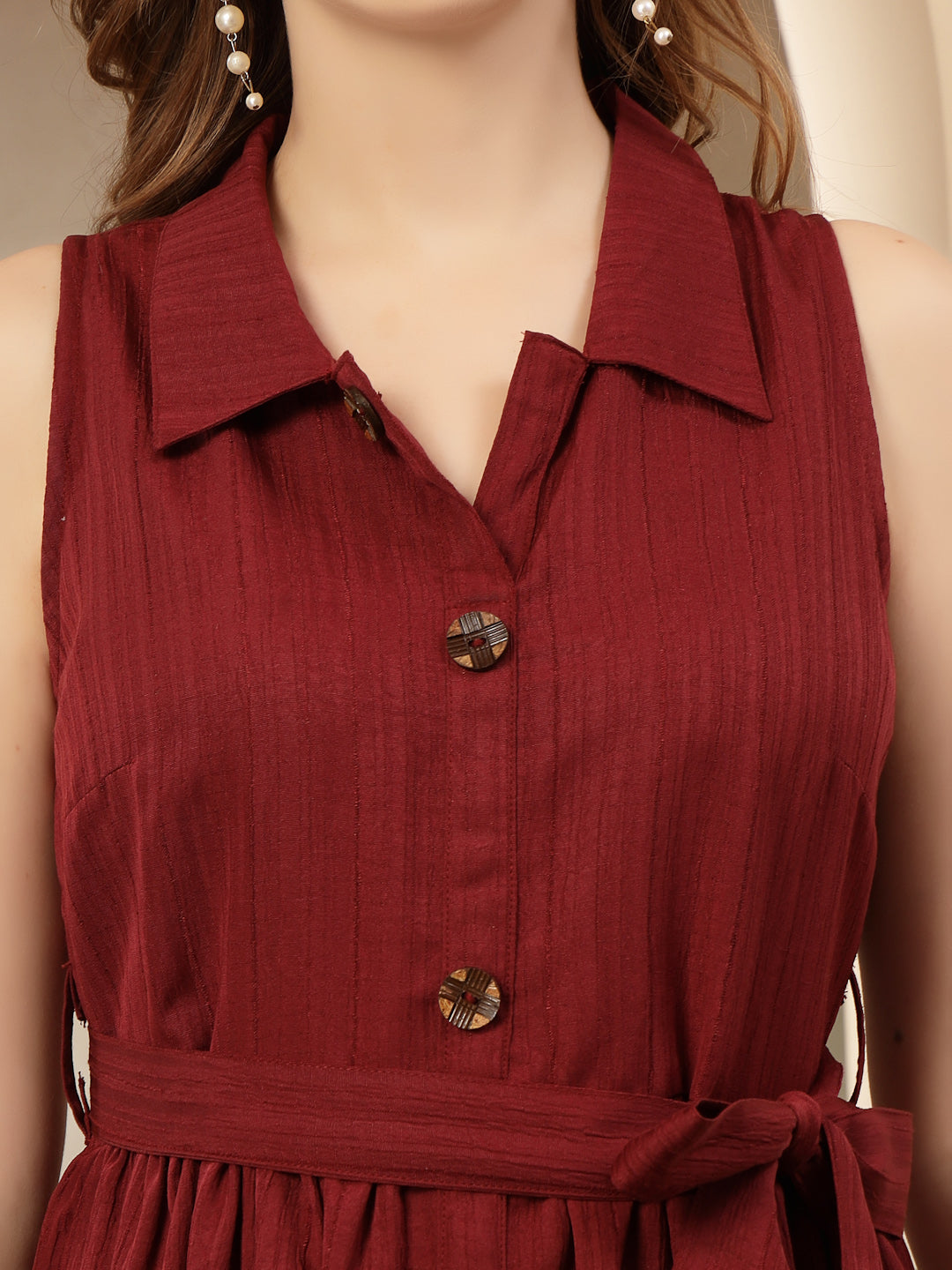 Maroon Self Design Crepe Pleated Dress