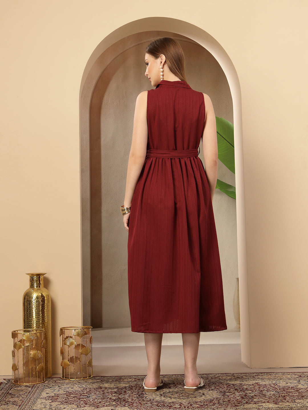 Maroon Self Design Crepe Pleated Dress