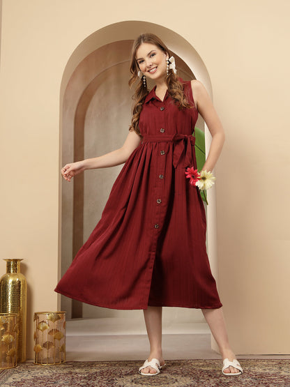 Maroon Self Design Crepe Pleated Dress