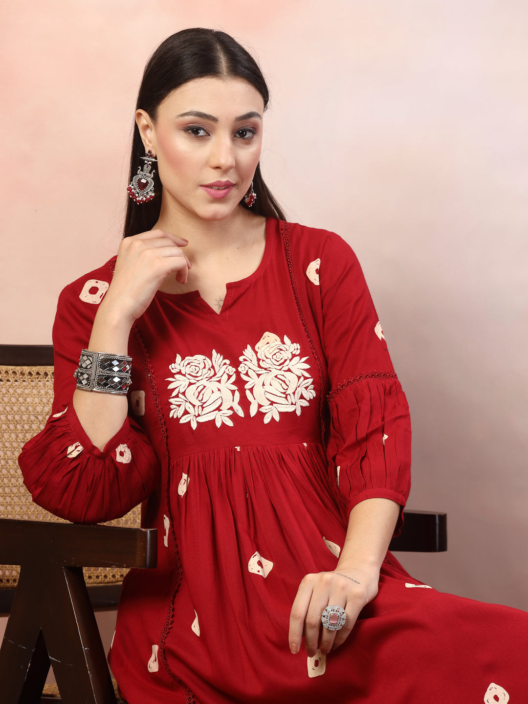 Maroon Bandhej Printed &amp; Embroidered Rayon Maxi Dress