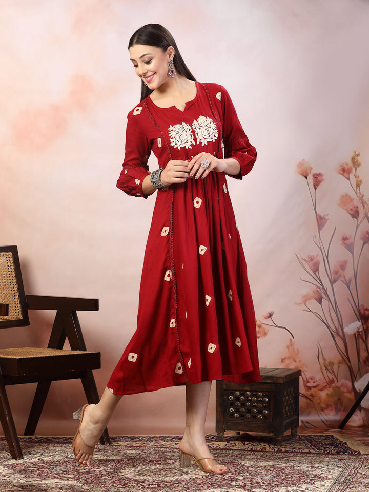Maroon Bandhej Printed &amp; Embroidered Rayon Maxi Dress