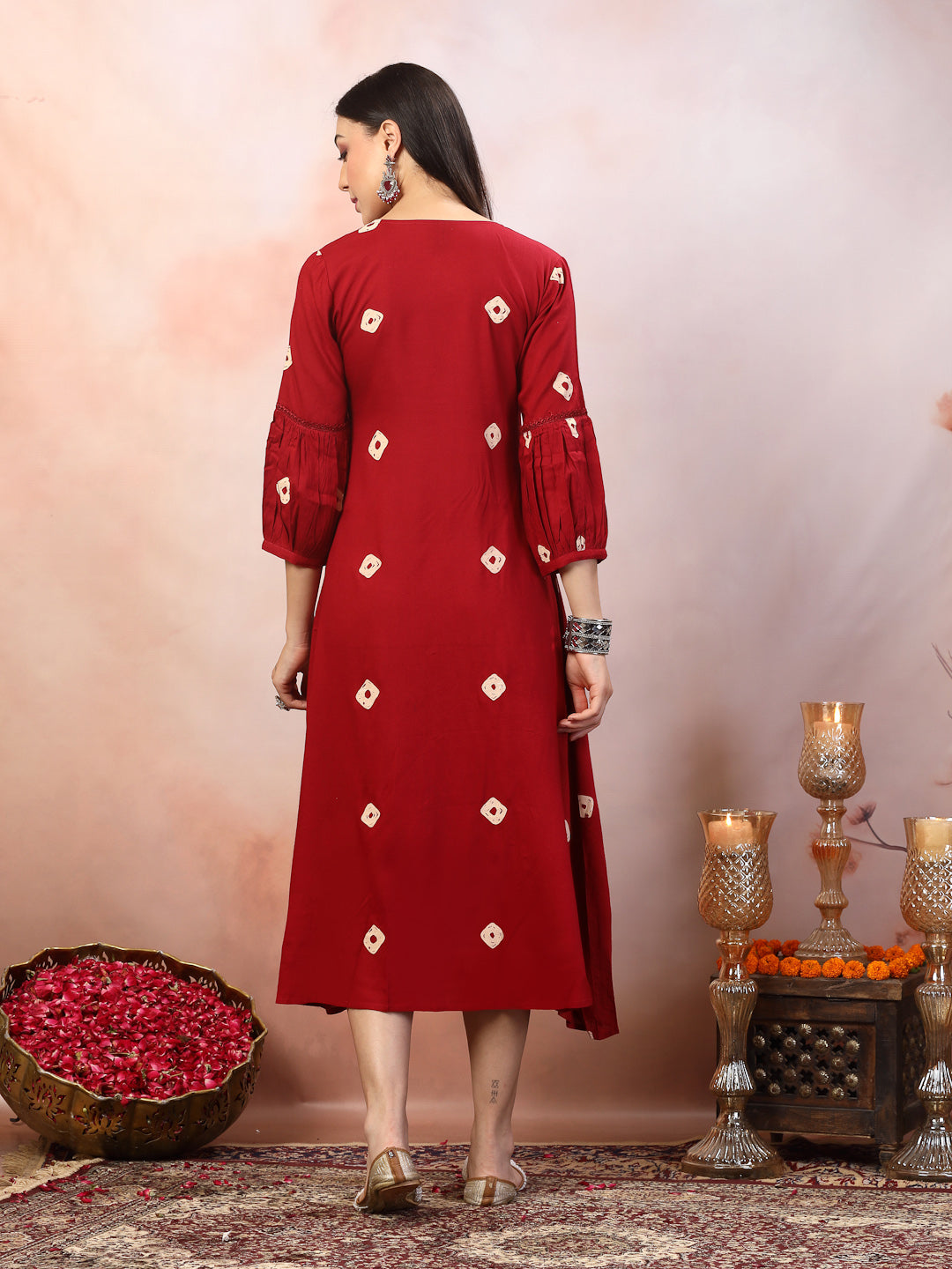Maroon Bandhej Printed &amp; Embroidered Rayon Maxi Dress