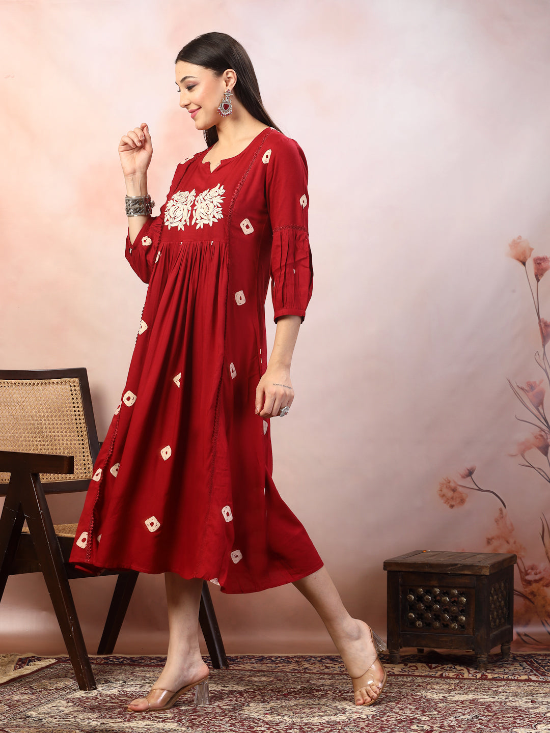 Maroon Bandhej Printed &amp; Embroidered Rayon Maxi Dress