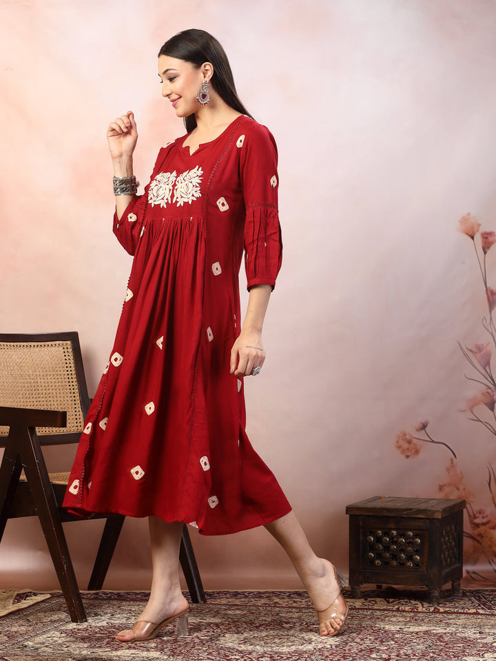 Maroon Bandhej Printed &amp; Embroidered Rayon Maxi Dress