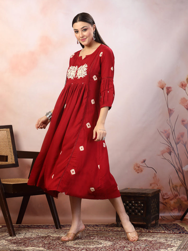 Maroon Bandhej Printed &amp; Embroidered Rayon Maxi Dress