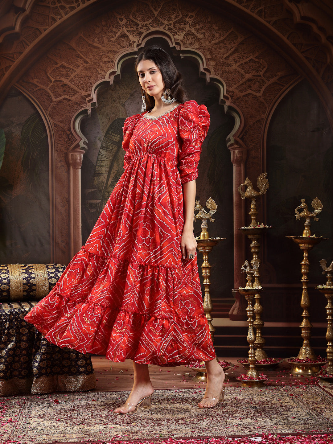 Red Bandhej Printed Rayon Tiered Dress
