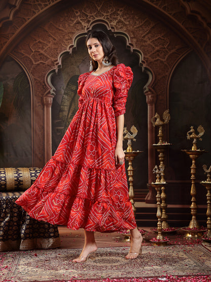 Red Bandhej Printed Rayon Tiered Dress