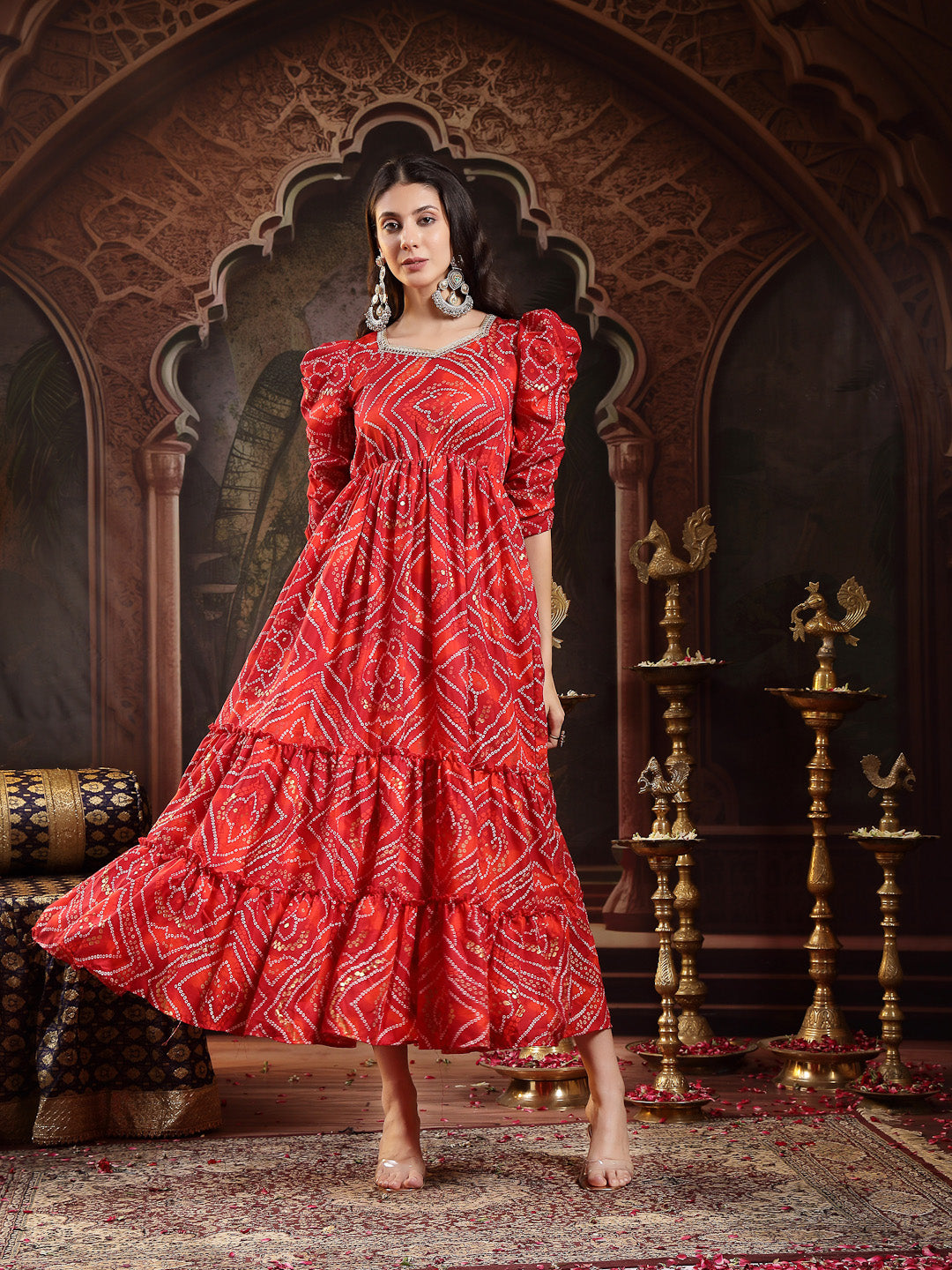 Red Bandhej Printed Rayon Tiered Dress