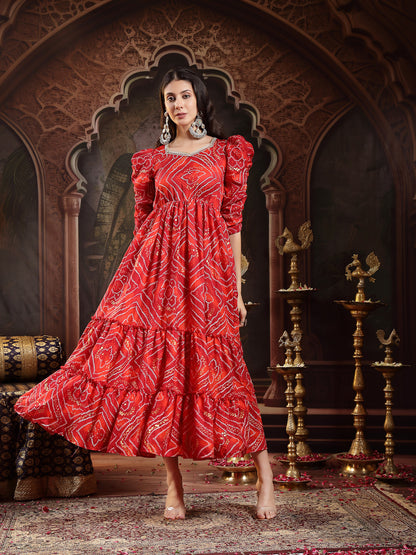 Red Bandhej Printed Rayon Tiered Dress